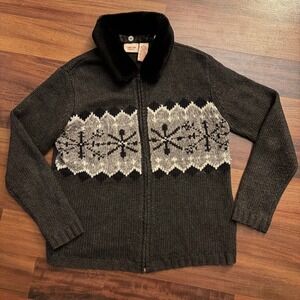 Cherokee Collection Womens Sweater Snowflake Print Faux Fur Collar Zip Up Size S